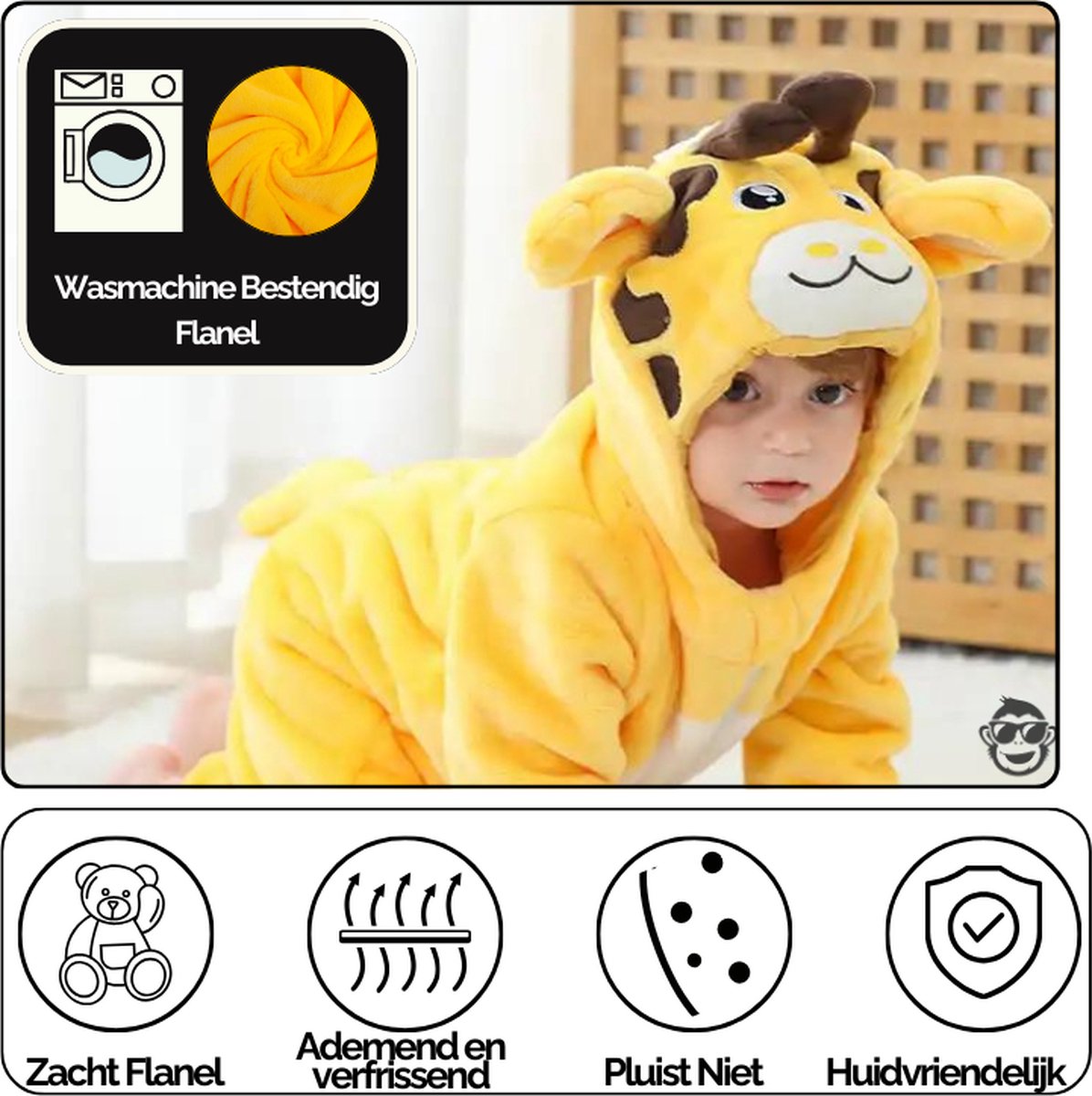 BoefieBoef Dieren Baby Onesie Peuter Pyjama Kinderen 6 maanden tot 2 jaar – Giraffe – Verkleedkleding met Luierrits – Carnaval Dierenpak - Kerst en Kraamcadeau - Zacht Flanel - Romper - Boxpak - Jongens - Meisjes - Kruippak - Winterpak - Geel Bruin — afbeelding 8