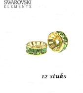 Swarovski Elements, 12 stuks Swarovski strass rondelle spacer kralen, 6mm, goud met peridot chatons