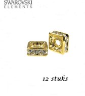 Swarovski Elements, 12 stuks Swarovski strass squaredelle spacer kralen, 4x4mm, goud met clear crystal chatons