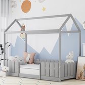 Lit maison Sweiko 90x200 cm, lit d'enfant multifonctionnel en bois pour garçons et filles, avec protection antichute et cadre de lit plat en nouilles, gris (sans matelas)