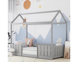 Sweiko huisbed 90x200 cm, multifunctioneel houten kinderbed voor jongens en meisjes, met valbescherming en plat noedelsbedframe, grijs (zonder matras)