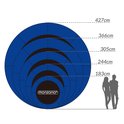 Schematische weergave van Monzana trampolines in verschillende maten, met silhouetten van mensen.