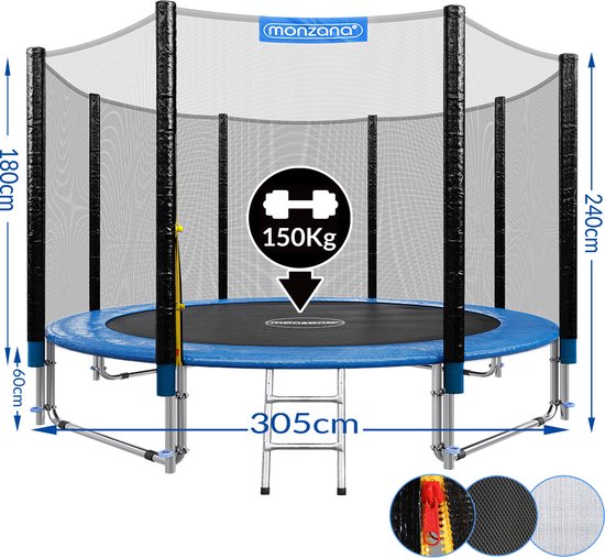 Blauwe Monzana trampoline van 305 cm met veiligheidsnet en ladder, maximale belasting 150 kg.