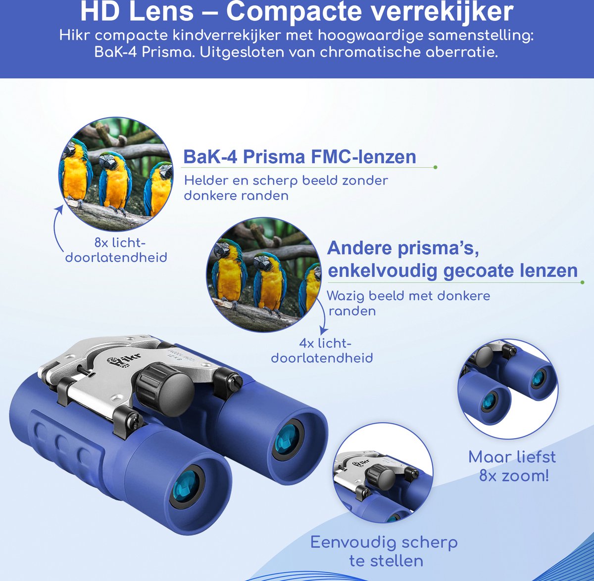 Hikr Verrekijker kinderen – BaK-4 8x21 – Compact & lichtgewicht – Junior speelgoed voor vogelspotten & buitenavonturen – Donkerblauw — afbeelding 4