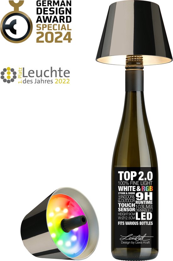Sompex Flessenlamp " TOP " met houdbare kurk| 2.0 Led| Space Grey - indoor / outdoor - oplaadbaar | RGB