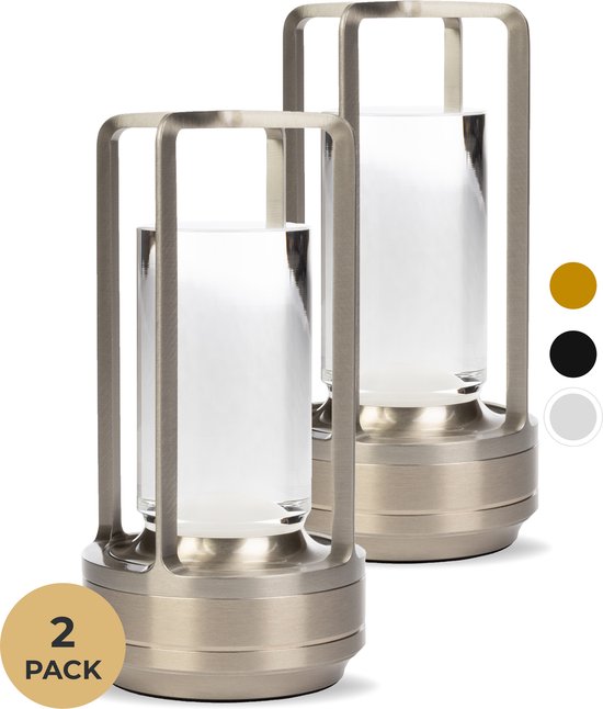 BandiO® Kyoto 2x Oplaadbare Tafellamp - Zilver - 5200mAh - 3 Kleuren Licht - Draadloos & Oplaadbaar - Dimbaar - Op Batterijen - Accu – Touch - Decoratie voor Binnen & Buiten - Woonkamer, Slaapkamer & Tuinverlichting - Industrieel