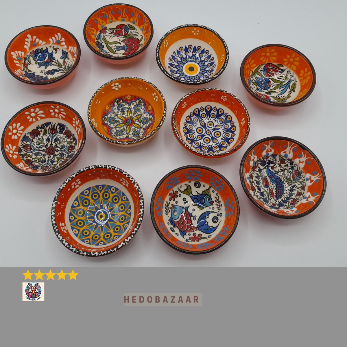 10-delige Set Handgemaakte Keramische Kommen van HeDo Bazaar: Oranje met Levendige Kleuren & Patronen, Ideaal voor Ontbijt & Snacks, 10x8x4cm, 80g - Voeg Warmte toe aan Uw Huis