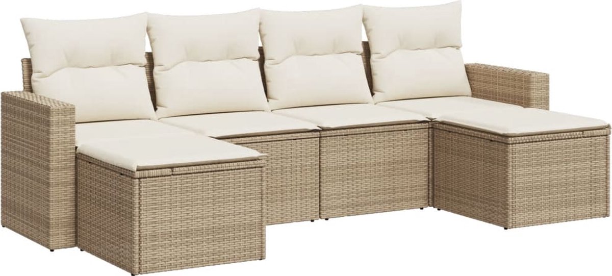 vidaXL 6-delige - Loungeset - met - kussens - poly - rattan - beige