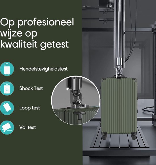 Olijfgroene koffer wordt getest in een machine, met pictogrammen voor "hendelstevigheidstest", "Shock Test", "Loop test" en "Val test".