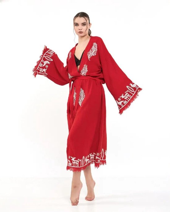 Trimita - Hitit Long Kimono - Tissu hydrophile 100 % Katoen - Robes de bain issus du commerce Fair - Merveilleusement doux, léger et Handgemaakt - Perfect pour la maison, le Sauna ou le spa, plage-Rouge -