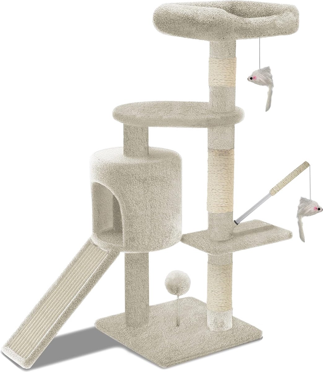Krabpaal met klimboom voor katten - activiteitencentrum - huisje en platforms voor katten - hoogte 112 cm - beige