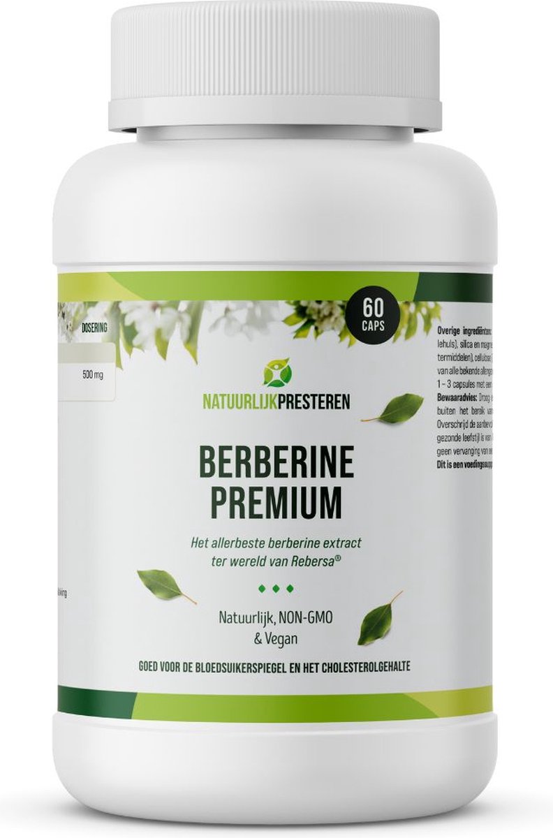 Goedkoopste Berberine Premium - 500 mg Rebersa® Berberine extract - Ondersteunt Bloedsuikerspiegel en Cholesterol - 60 caps