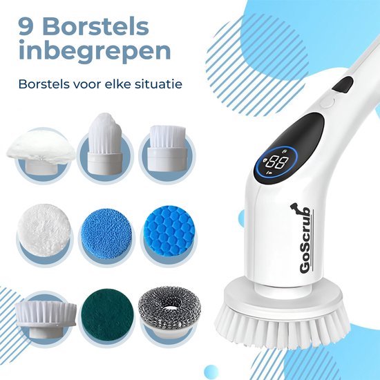 Elektrische reinigingsborstel met digitaal display en 9 opzetborstels, waaronder wit pluizig, puntig wit, plat wit, blauw sponsje, blauwe honingraat, groen schuursponsje, metaalborstel.