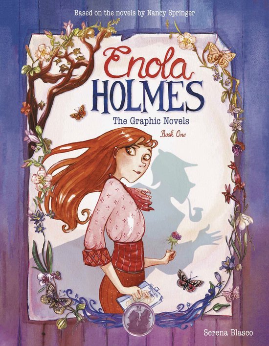 Boekcover van Enola Holmes, The Graphic Novels, Boek One. Een illustratie van Enola Holmes met rood haar, gebaseerd op de romans van Nancy Springer.