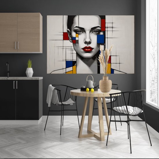 Femme style Piet Mondrian - Peinture abstraite - Décoration murale Piet Mondriaan - Peintures rurales - Peintures sur toile salon - Oeuvre - 70 x 50 cm 18mm