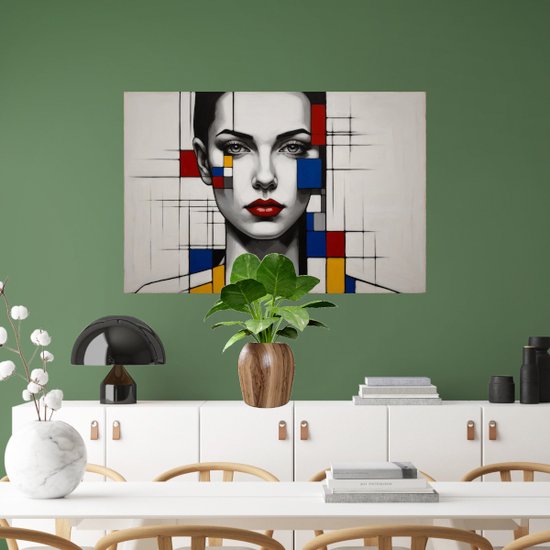 Femme style Piet Mondrian - Peinture abstraite - Décoration murale Piet Mondriaan - Peintures rurales - Peintures sur toile salon - Oeuvre - 70 x 50 cm 18mm