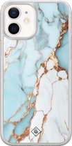 Casimoda® hoesje - Geschikt voor iPhone 12 Mini - Marmer Lichtblauw - 2-in-1 case - Schokbestendig - Marble design - Verhoogde randen - Blauw, Transparant