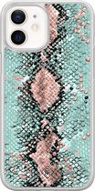 Casimoda® hoesje - Geschikt voor iPhone 12 Mini - Slangenprint pastel mint - 2-in-1 case - Schokbestendig - Slangenprint - Verhoogde randen - Groen, Transparant