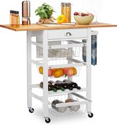 Relaxdays keukentrolley - werkblad - wit - serveerwagen - trolley - bamboe - roltafel