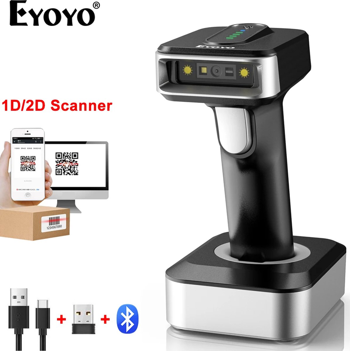 Eyoyo Auto-Sensing Scherm Scannen 2d Bluetooth Barcodescanner Met 2500Mah Power Indicator Draadloze 2d Qr Codelezer 4-Mil