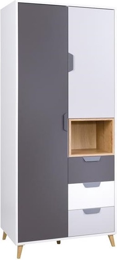 Armoire avec étagères et tiroirs - Largeur 80 cm - Couleur Wit + Grijs + Chêne de Lefkas