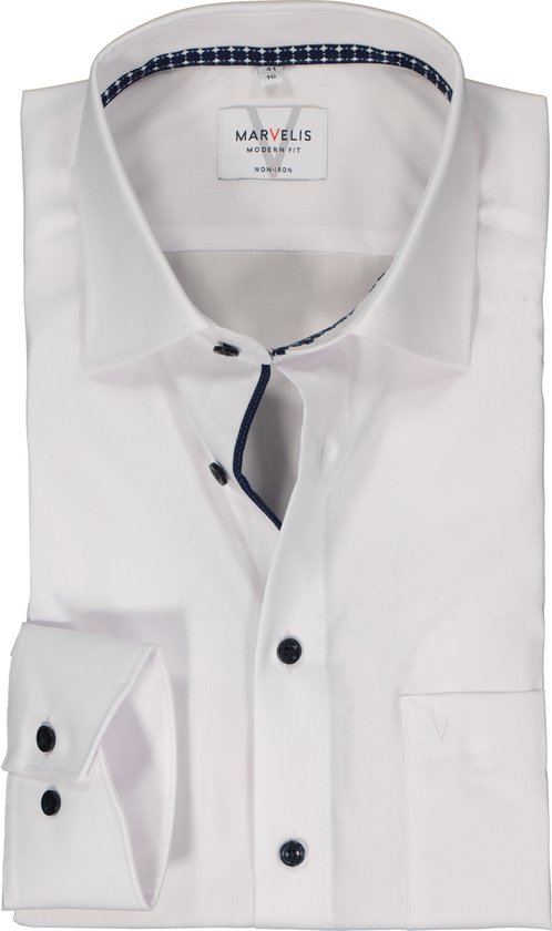 MARVELIS modern fit overhemd - mouwlengte 7 - popeline - wit - Strijkvrij - Boordmaat: