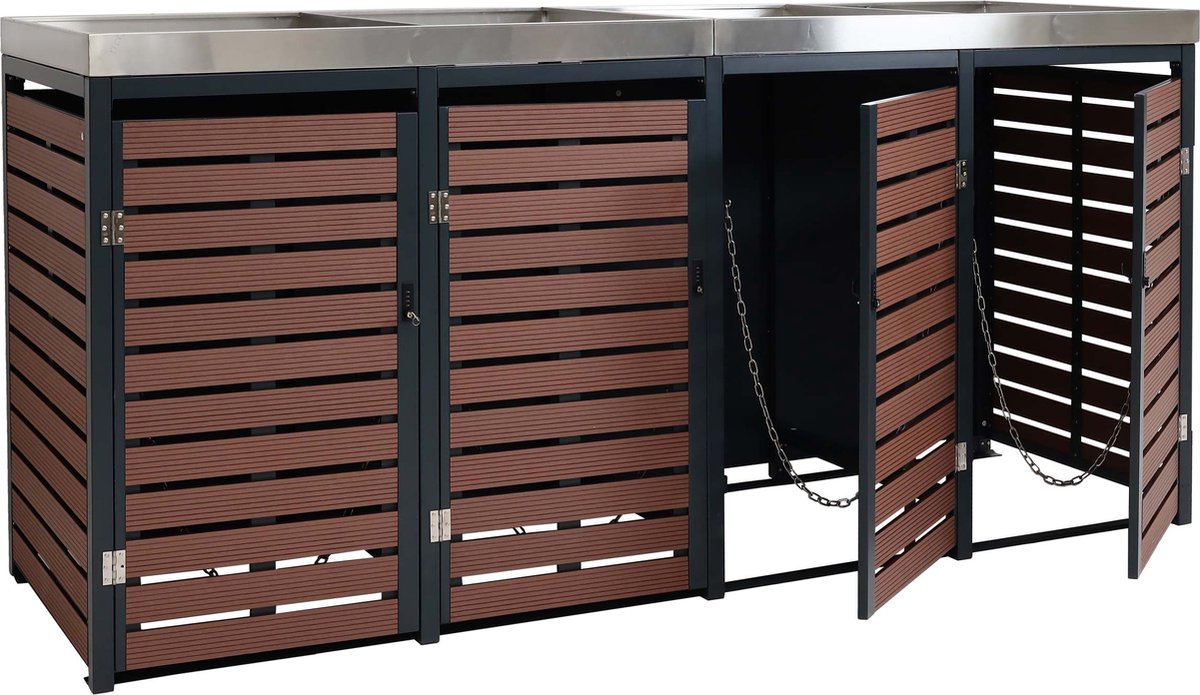 Cosmo Casa 4-Delig Afvalcontainer - Bekleding - met Plantenbak - 124x265x84cm - Roestvrij Staal - 132kg - Walnoot Houtlook