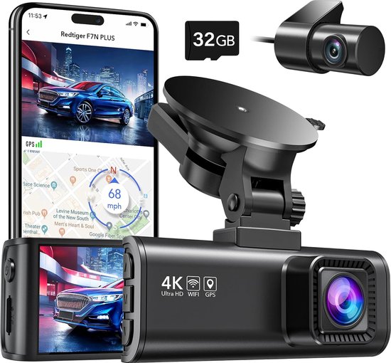 4K Driekanalen Dashcam met Ingebouwde GPS, 2.4G WiFi en Nachtzichtfunctie - K&F Concept