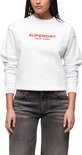 Sweat blanc Superdry New York sur un mannequin, avec inscription rouge sur la poitrine.