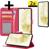 Hoesje Geschikt voor Samsung A35 Hoesje Book Case Hoes Wallet Cover Met 2x Screenprotector - Hoes Geschikt voor Samsung Galaxy A35 5G Hoesje Bookcase Hoes - Donkerroze