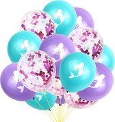 Ballonnen Zeemeermin verjaardag versiering set 15 stuks zeemeermin ballonnen in paars, aquamarine en roze met papieren confetti