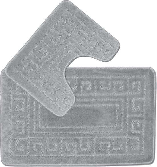 Anti-slip badmat in Griekse stijl - Set van 2 badmatten - Inclusief 1 badmat (50 × 80 cm) en 1 toiletmat (50 × 40 cm) - grijs