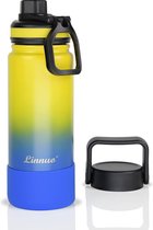 Gourde en acier inoxydable pour enfants, gourde de sport, 600 ml, fond en silicone antidérapant avec 2 couvercles, gourde thermos étanche, double paroi, gourde thermos pour fitness, outdoor, jaune-bleu