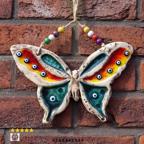 Handgemaakte Keramische Vlinder met Boze Oog Motieven voor Bescherming en Geluk