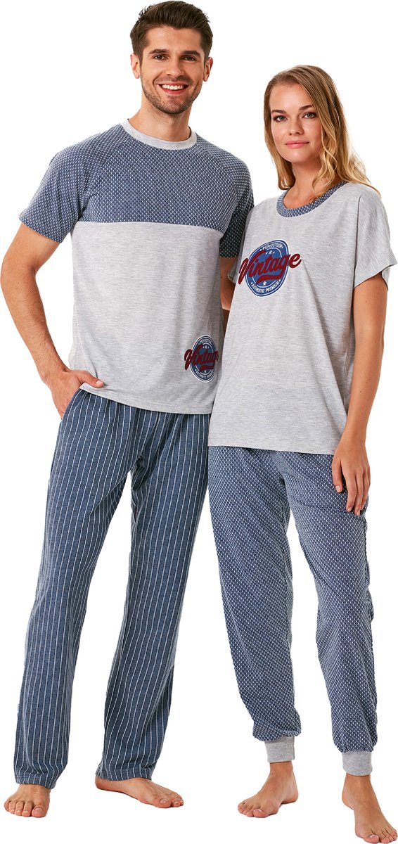 Feyza - Bijpassende Pyjamas Voor Koppels, Korte Mouwen, Dames, Blauw - XL