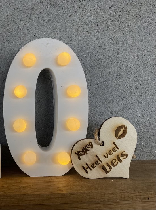 Creaties van Hier - Light Letter - Licht Letter - Getal 0 met houten hartje - Hout -16,5 x 11,5 x 2 cm