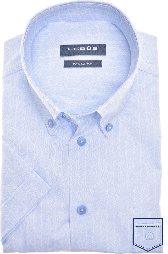 Ledub modern fit overhemd - korte mouw - popeline - lichtblauw met wit dessin - Strijkvriendelijk - Boordmaat: 46
