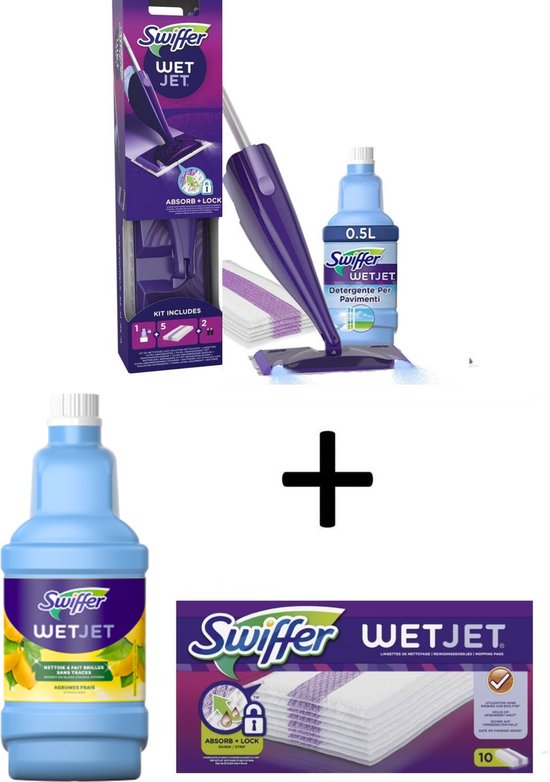 Swiffer WetJet StartSet Dweilpakket met 2 batterijen + 1.75 Liter Citrus Fris Navulfles + 15 Reinigingsdoekjes