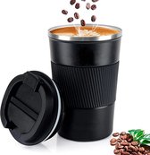 Koffiemok 380 ml, thermobeker voor koffie, lekvrij, gemaakt van 304 roestvrij staal, dubbelwandig geïsoleerd, autobeker, herbruikbare koffiebeker voor koffie, water en thee, zwart