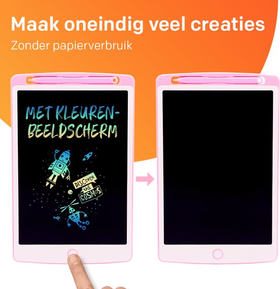 Twee roze 8.5 inch LCD tekentablets. Eén toont een kleurrijke ruimtevaarttekening, de ander is leeg.