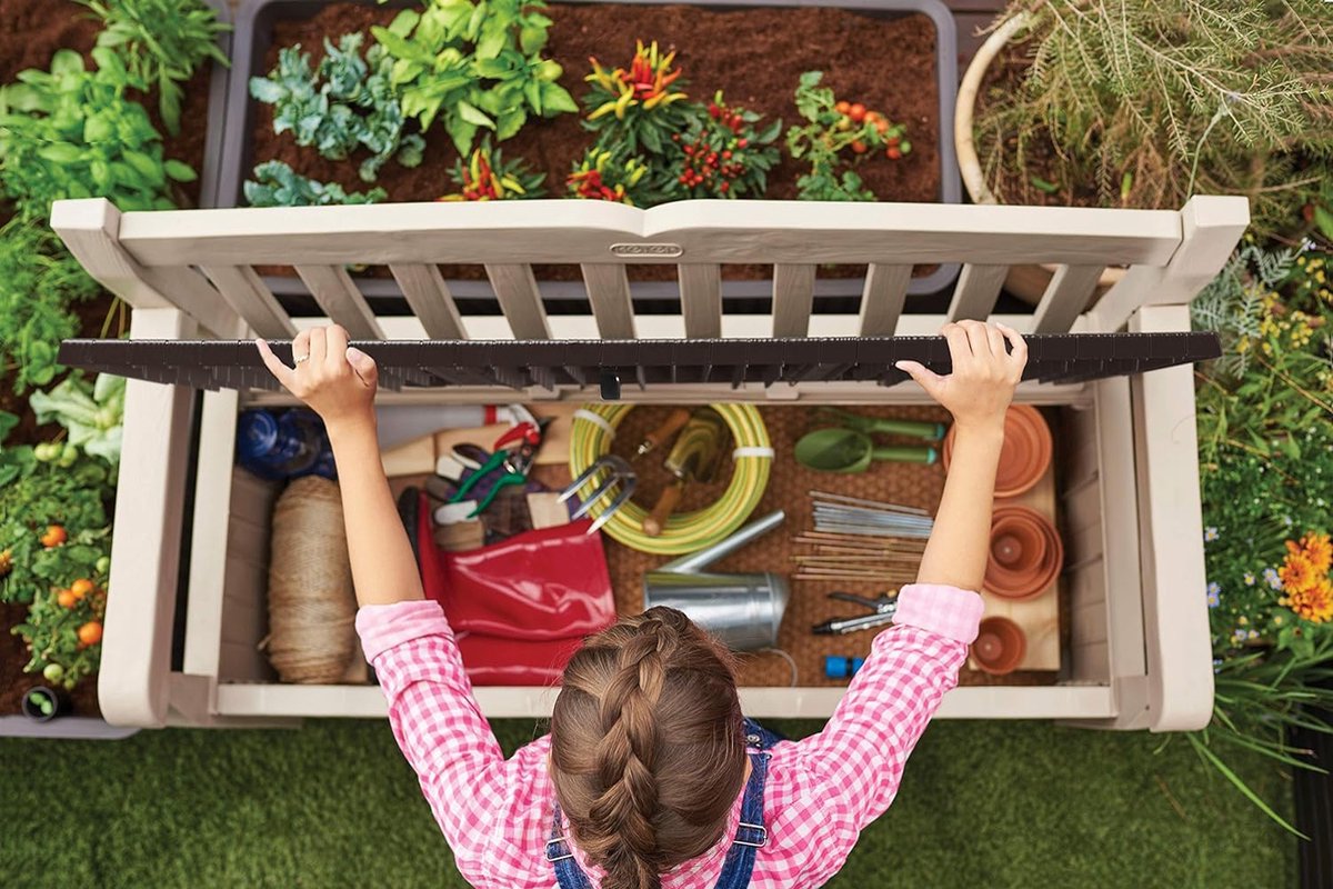 Zitbank Eden voor balkon en tuin geïntegreerde kussenbox met 265 l opbergruimte bruin beige 140 x 60 x 84 cm