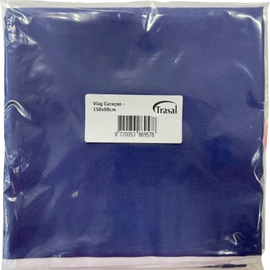Blauwe vlag in verpakking met label 'Vlag Curaçao - 150x90cm'.