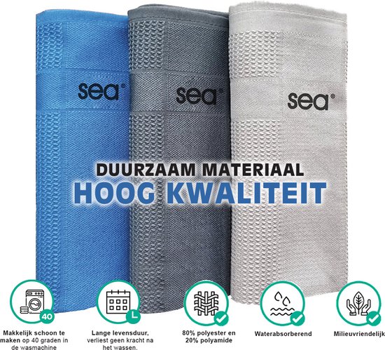 Drie Sea microvezeldoeken in blauw, grijs en lichtgrijs met textuur.