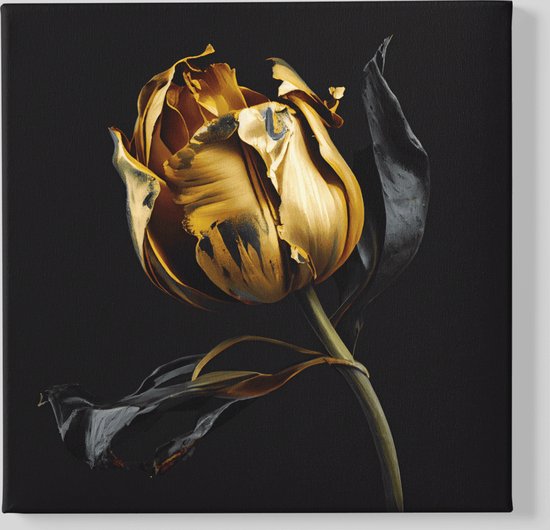 Canvas Schilderij - Bloemen - Goud - Rozenknop - Wanddecoratie - 100x100x2 cm