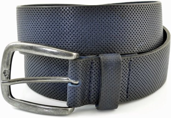 BLAUWE CASUAL RIEM VAN 4CM BREED MET GAATJESPRINT. ITALIAANS NERFLEER EN NIKKELVRIJE GESP. MAAT 105