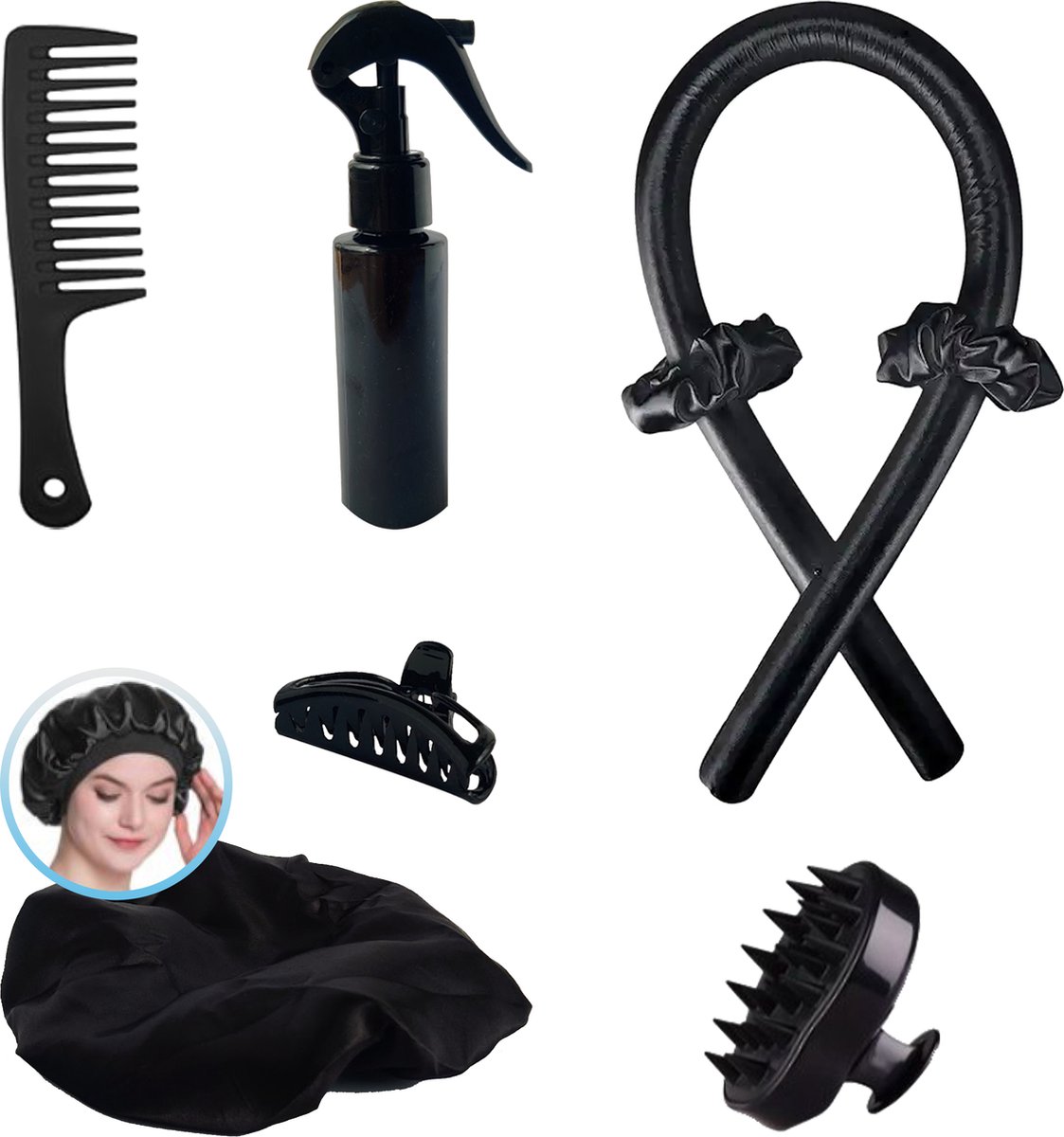 DIVERZA Heatless Curls 8-delige set – Haar Krullen Zonder Hitte – Satijnen Haarkrullers – Krullers – Bonnet – Scalp Massage borstel – Krulspelden – Haarrollers – Tiktok – Complete set