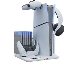 DrPhone CoolGuard - Multifunctionele Console Coolingstand voor PS5 Slim / Playstation 5 – Ingebouwde Verkoeling – Opslag Voor Cd’s – Twee Controllers Opladen – Headset Organizer - Wit