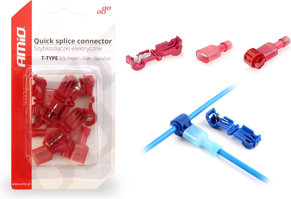 AMiO T-Type Snelsluitende Connector (0,5-1mm) 10A Blisterverpakking Rood (5 sets)