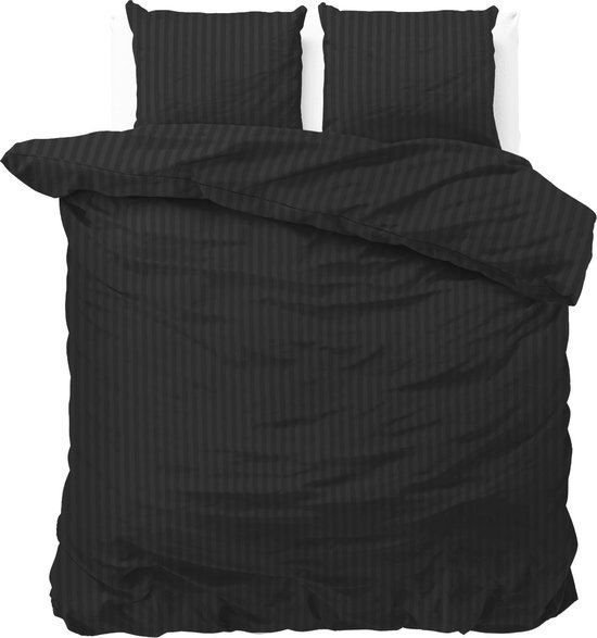 Lits-jumeaux dekbedovertrek (dekbed hoes) donker / zwart gestreept met fijne smalle strepen / banen 240 x 220 cm (cadeau idee beddengoed slaapkamer)