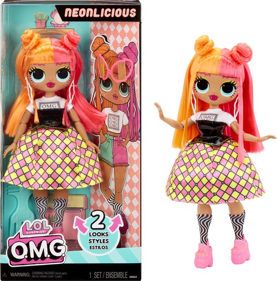 L.O.L. Surprise! O.M.G. Neonlicious doll in verpakking, met tweekleurig oranje-roze haar.